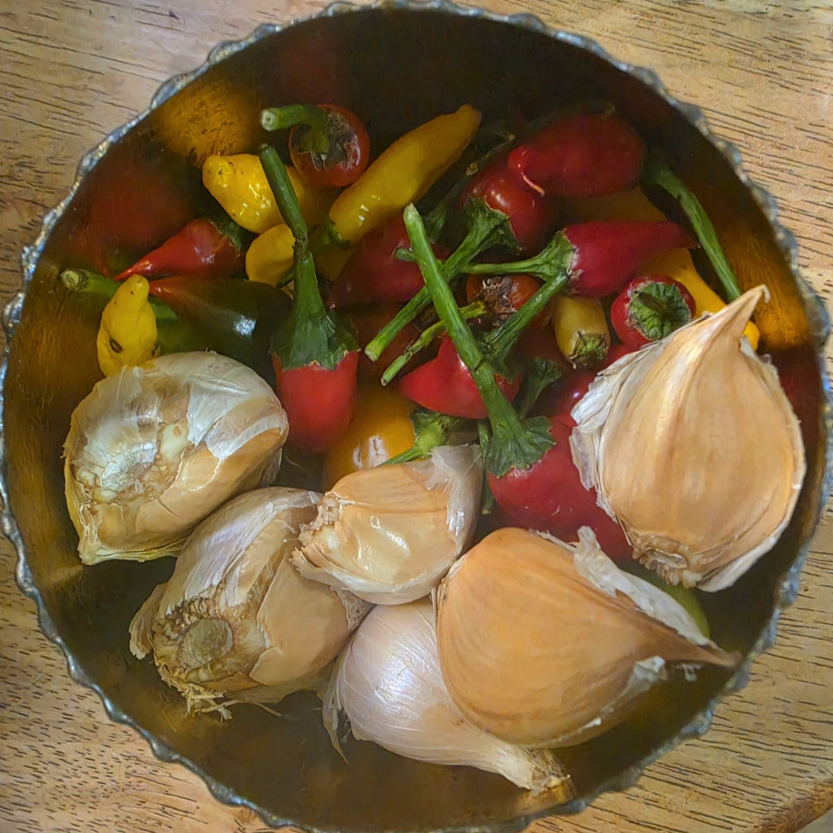 Fresh chillies and garlic from our garden